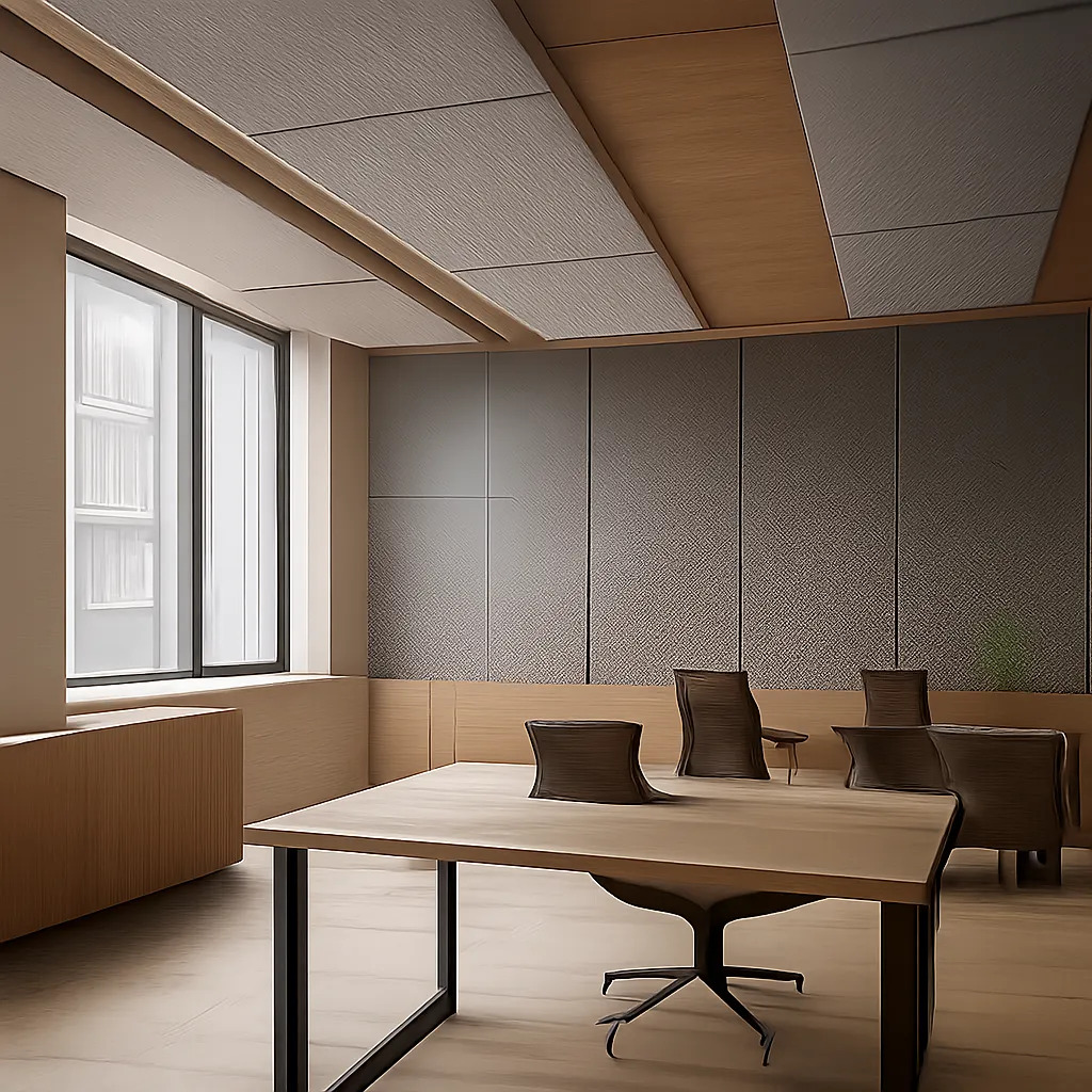 Un bureau moderne équipé de panneaux acoustiques premium pour réduire la réverbération et améliorer le confort de travail. L’image met en valeur une ambiance calme, design et professionnelle.