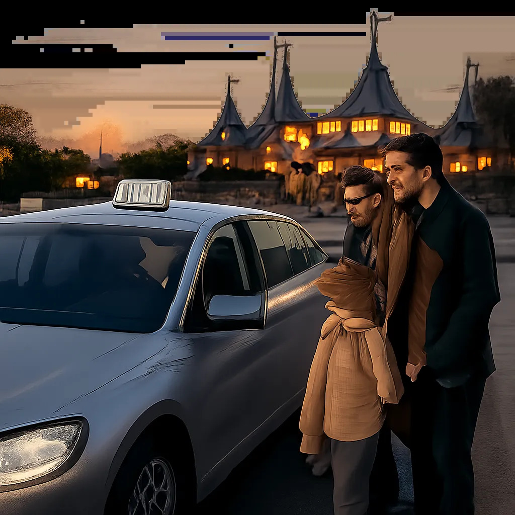 Une famille monte dans un taxi confortable à la sortie de Disneyland Paris. L’ambiance évoque un transfert serein, ponctuel et adapté aux voyageurs avec bagages.